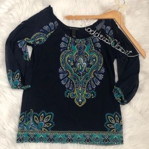 INC Navy cold shoulder paisley peasant top size M